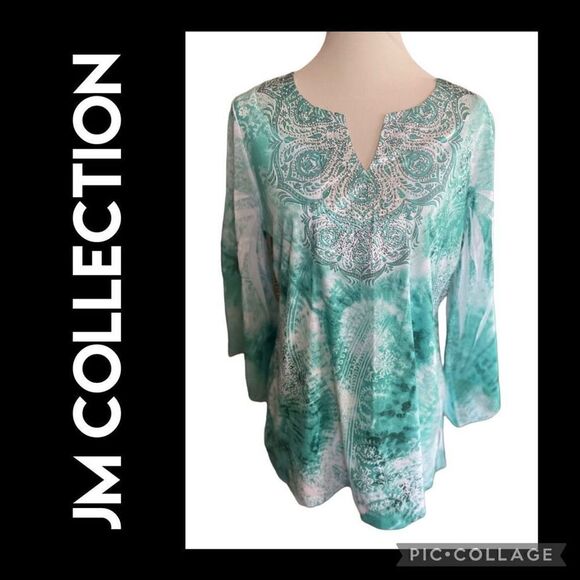 JM Collections Woman Mint Green and White Sequined Boho Blouse with Flaired Bell - Picture 1 of 13
